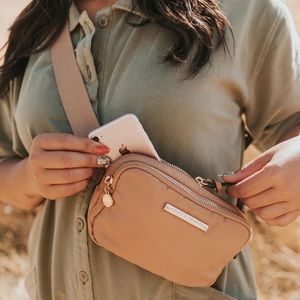 Poppy and Peonies On the Run belt bag.  Camel colour.